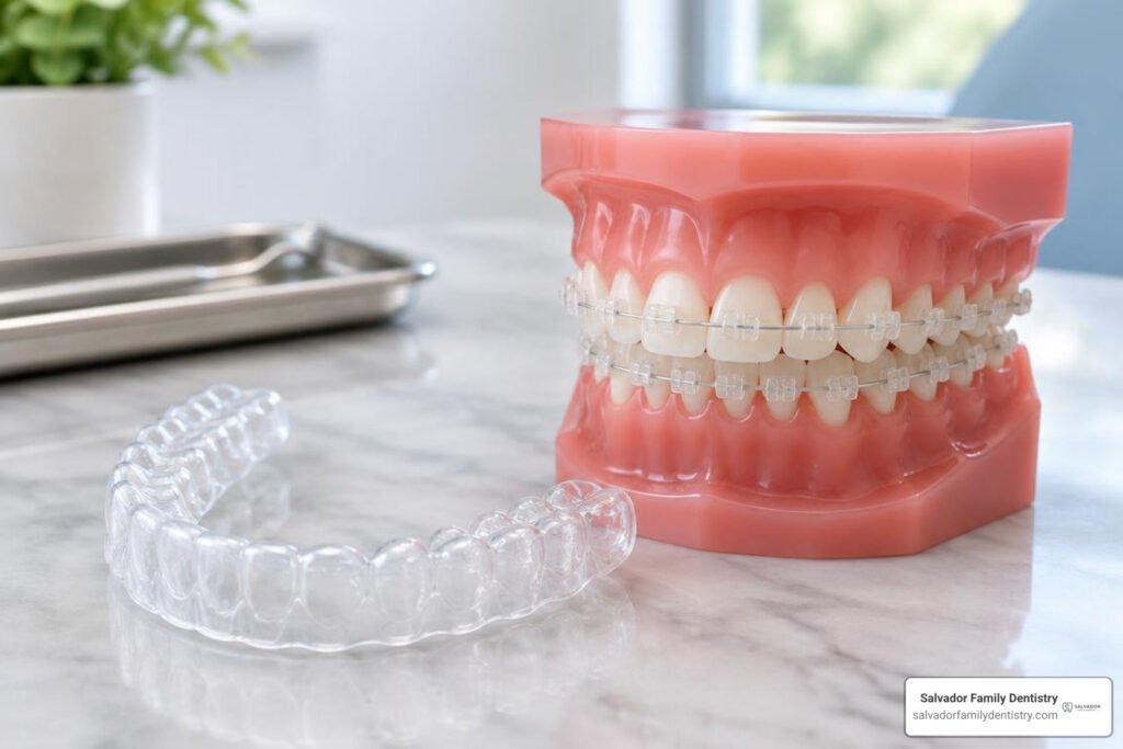 Clear aligner tray shown alongside aesthetic ceramic bracket on a dental model